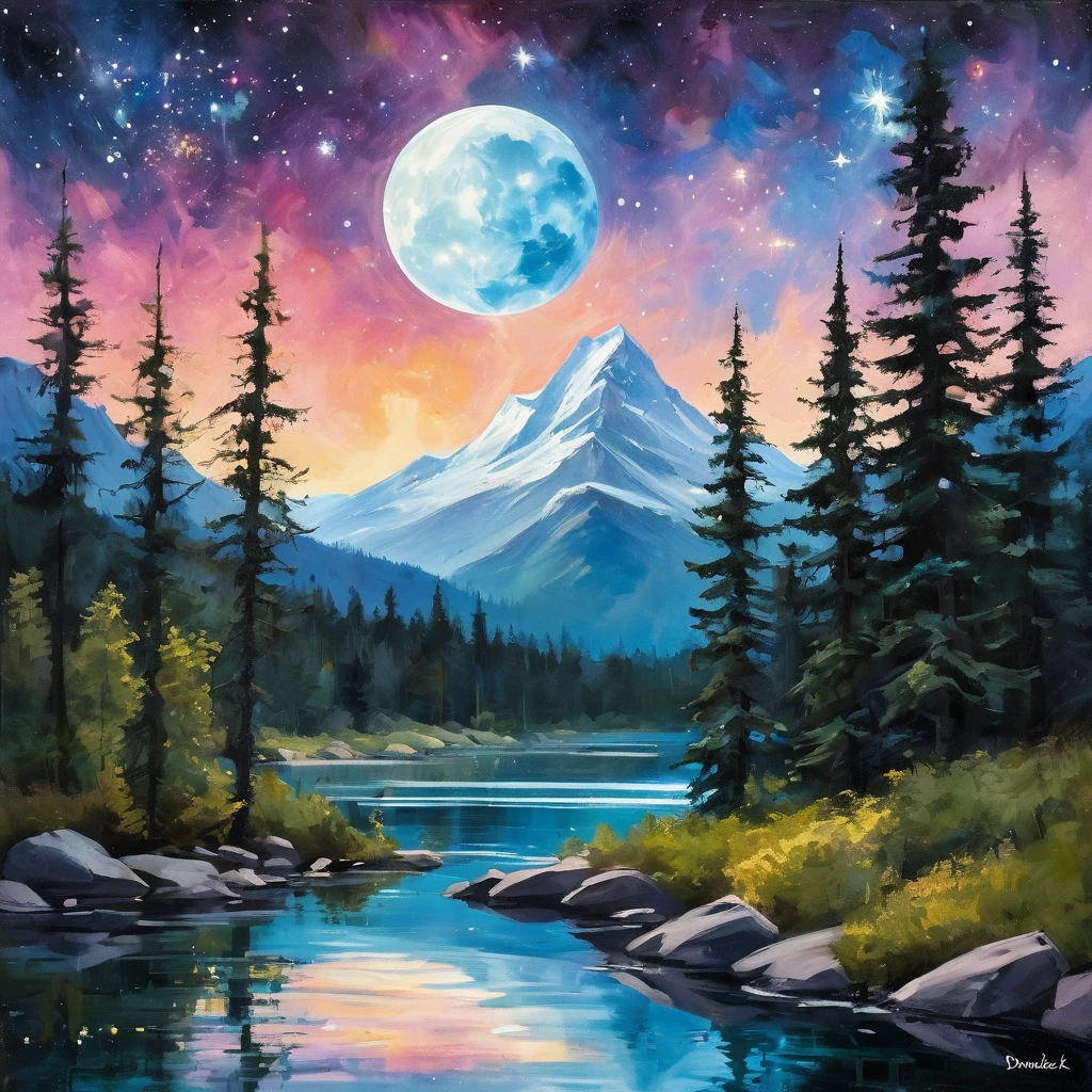 a painting of a lake with a full moon and trees, a fine art painting by Dan Mumford, tumblr, space art, magical sparkling lake, painting by dan mumford, dan mumford and albert bierstadt, dan mumford paint, glowing reflections, in the style dan mumford artwork, dan mumford and thomas kinkade, el bosco and dan mumford