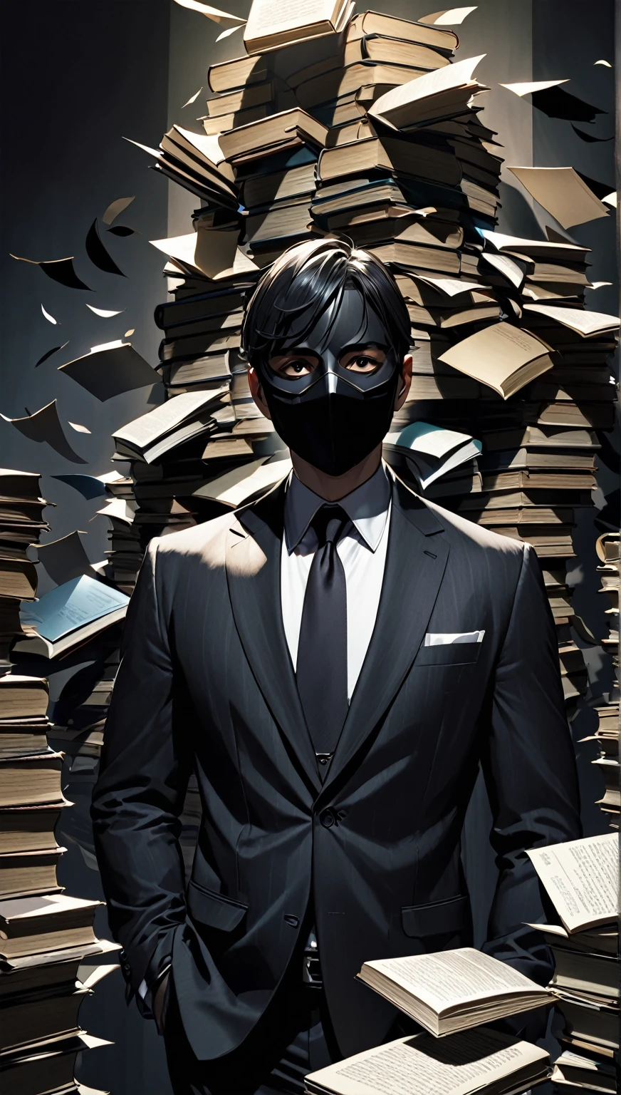 man wearing black mask and wear a suit There were financial books flying around and dark shadows.
