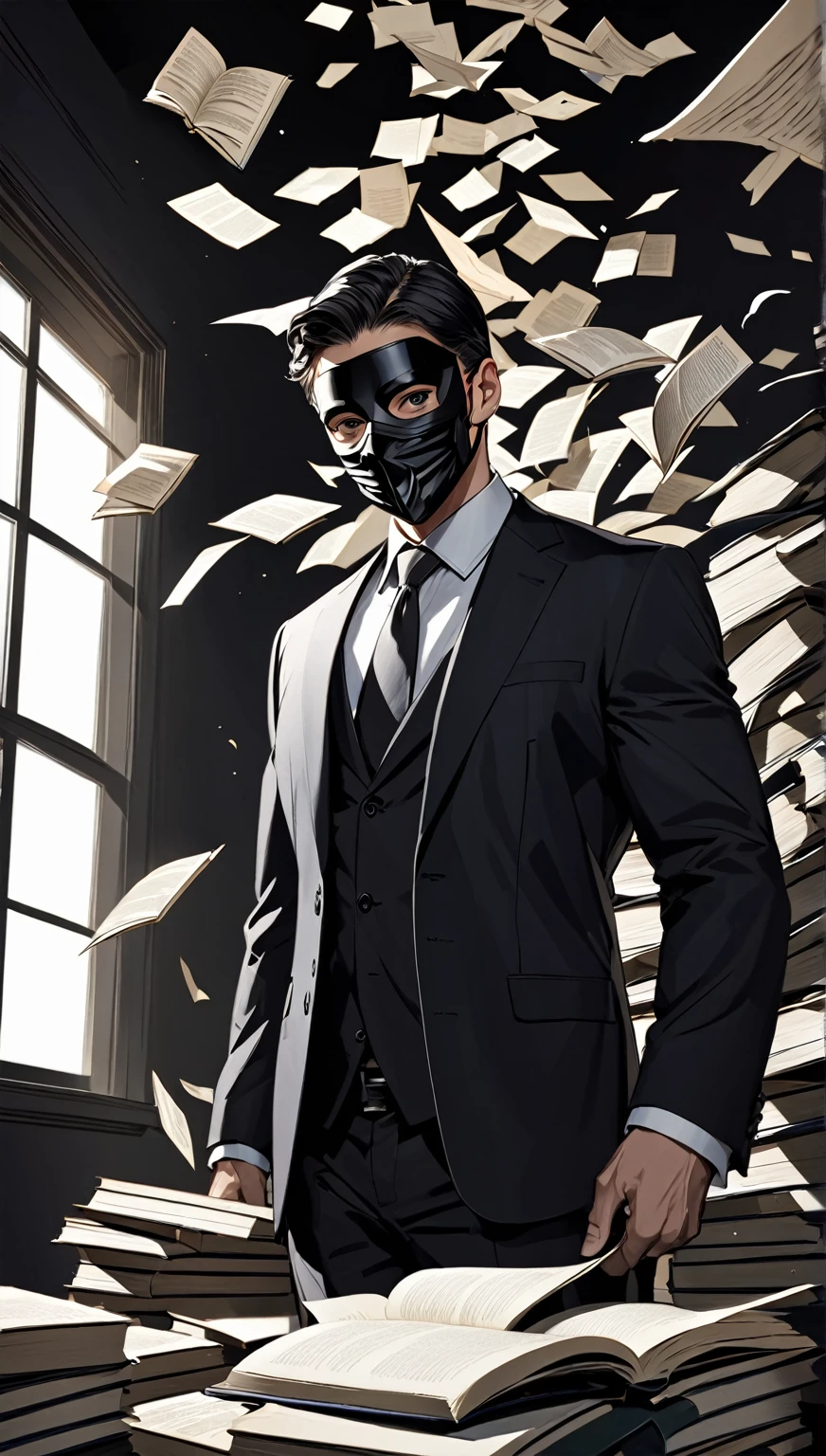 man wearing black mask and wear a suit There were financial books flying around and dark shadows.