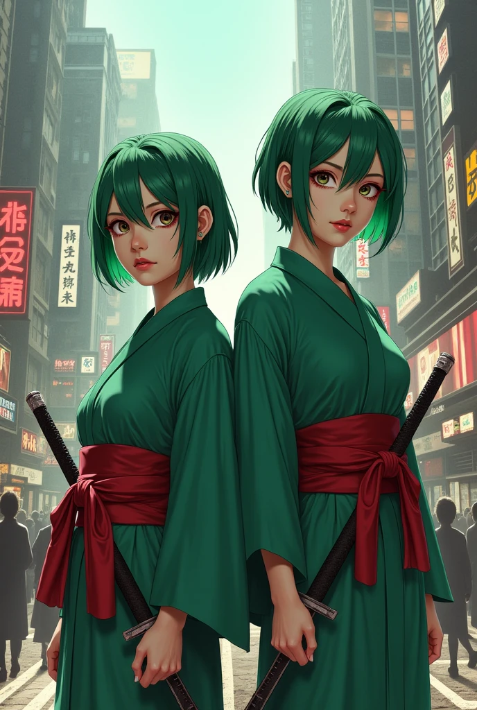 Realistic big city background、2 young woman、Green short hair、Three piercings in the left ear、Slit eyes、Plain green kimono、A red cloth is tied around the waist、He carries three swords on his hips.