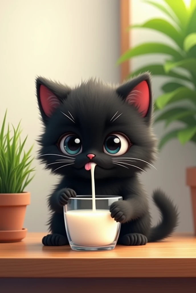 Black cute fur cat drinking milk on the table beside flower pot