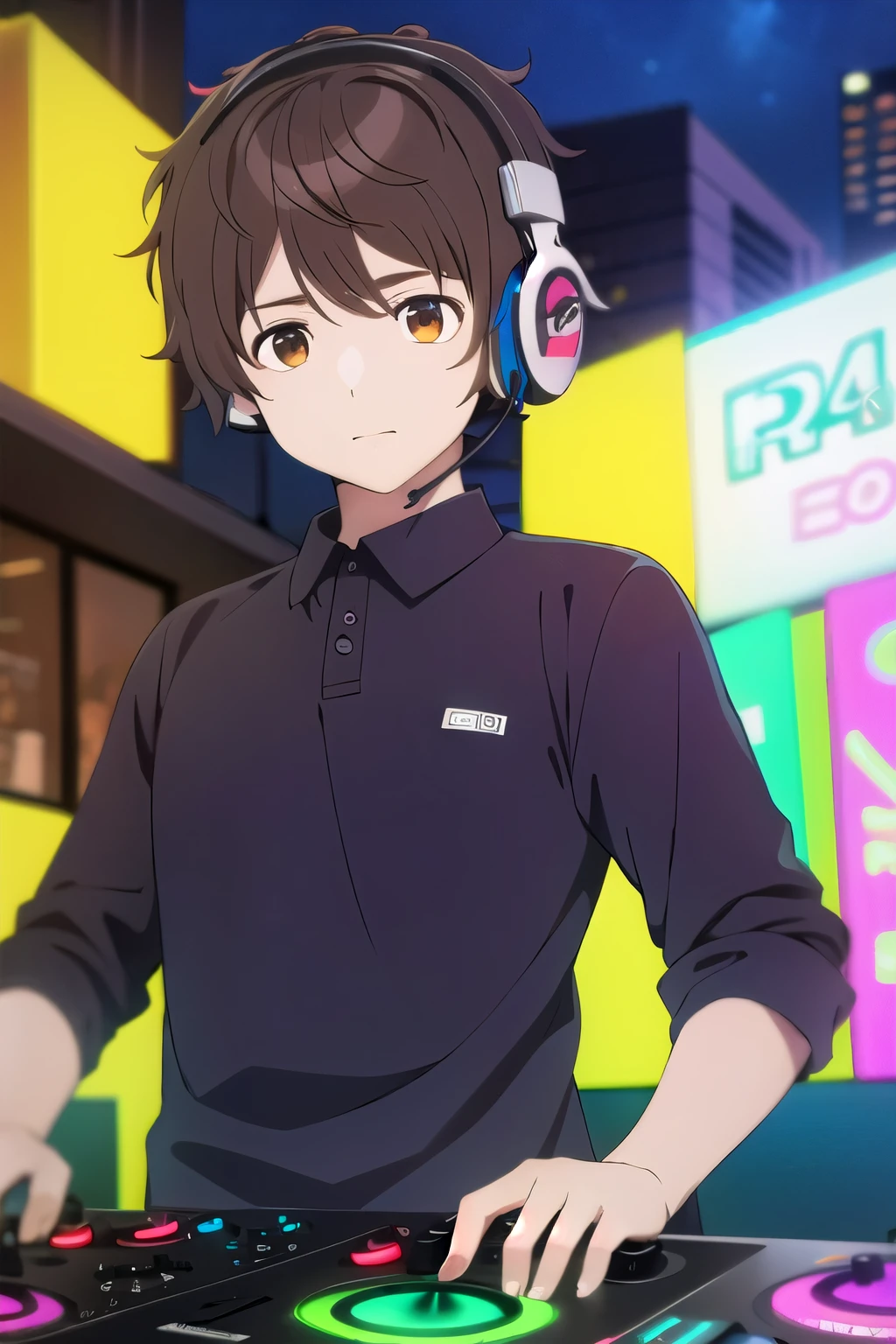 photorealistic, (4k), depth of field, (Masterpiece), (realistic skin texture), extremely detailed, intricate, hyper detailed, high resolution, professional photography, , depth of field, sharp detail, best quality, , 1boy, solo, male focus, shun_tokinoya, brown hair, brown eyes, , bangs, , , The City of Glas, HD, Fiesta de Electronica, Dj, Con Auriculares, Chaqueta roja abierta