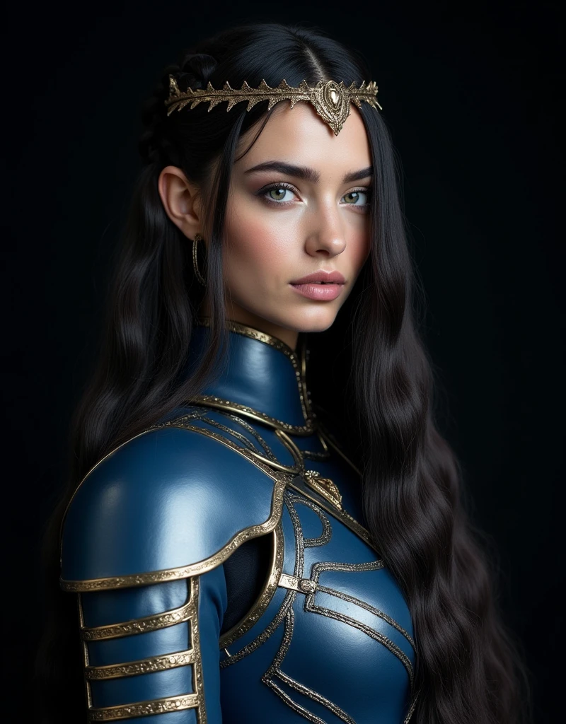 GORGEOUS VALKYRIE , WARRIOR WOMAN, BUST IMAGE STYLE, STUDIO IMAGE STYLE, BLACK INFINITE BACKGROUND, DIFFUSED LIGHTS ON FACE, BACK LIGHTS ON HAIR, VERY BLACK HAIR, CLOSE FACE SHOT, HUGE LONG HAIR, HUGE STRAIGHT LONG HAIR, BRAID HAIR STYLE, PLATINUM EYEBROWS, VERY PALE SKIN, LUMINOUS SKIN, TURCOISE BLUE EYES, LUMINOUS EYES, TOLKIEN MITHOLOGY, EXPOSED LONG TIP EARS, HIGH CHEEKBONES, ROSY CHEEKS, GORGEOUS LIPS, SOFT LIPSTICK, GORGEOUS CURVY BODY, SOFT MUSCLES, VOLUMOUS BREASTS, BLUE ARMOUR, SILVER DETAILS, FULL BODY ARMOUR, FLAT BOOTS, NECK CLEAVAGE, LONG BRACELETS, GOLD DETAILS, GOLDEN HEADBAND , ENIGMATIC FACE EXPRESSION, SIDE FACE VIEW, EYES LOOKING UP, TOLKIEN MITHOLOGY, HIGH QUALITY IMAGE, MASTERPIECE, 8K