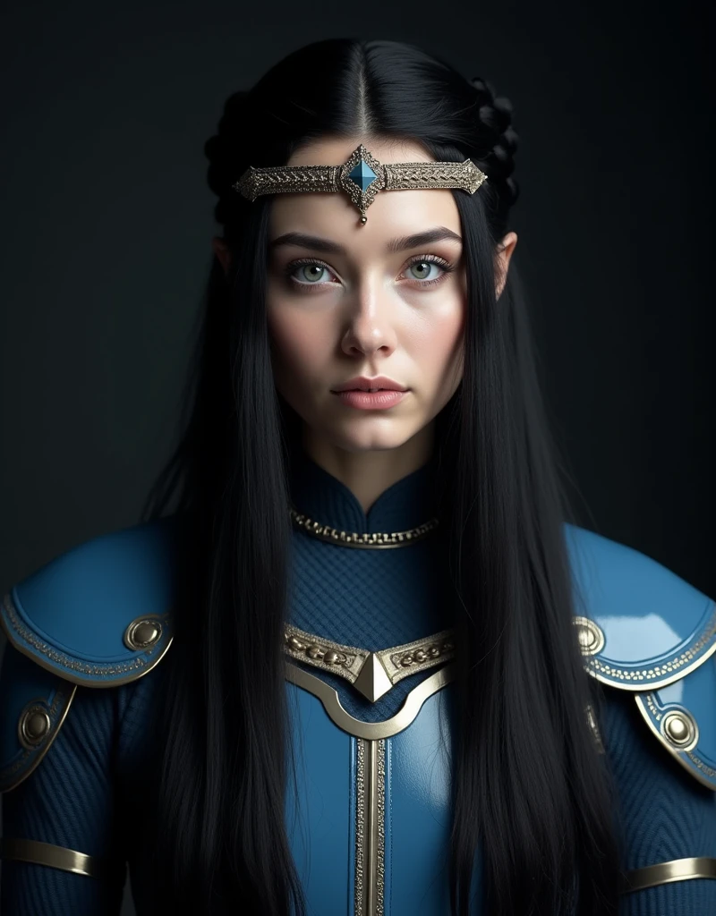 GORGEOUS VALKYRIE , WARRIOR WOMAN, BUST IMAGE STYLE, STUDIO IMAGE STYLE, BLACK INFINITE BACKGROUND, DIFFUSED LIGHTS ON FACE, BACK LIGHTS ON HAIR, VERY BLACK HAIR, CLOSE FACE SHOT, HUGE LONG HAIR, HUGE STRAIGHT LONG HAIR, BRAID HAIR STYLE, PLATINUM EYEBROWS, VERY PALE SKIN, LUMINOUS SKIN, TURCOISE BLUE EYES, LUMINOUS EYES, TOLKIEN MITHOLOGY, EXPOSED LONG TIP EARS, HIGH CHEEKBONES, ROSY CHEEKS, GORGEOUS LIPS, SOFT LIPSTICK, GORGEOUS CURVY BODY, SOFT MUSCLES, VOLUMOUS BREASTS, BLUE ARMOUR, SILVER DETAILS, FULL BODY ARMOUR, FLAT BOOTS, NECK CLEAVAGE, LONG BRACELETS, GOLD DETAILS, GOLDEN HEADBAND , ENIGMATIC FACE EXPRESSION, SIDE FACE VIEW, EYES LOOKING UP, TOLKIEN MITHOLOGY, HIGH QUALITY IMAGE, MASTERPIECE, 8K