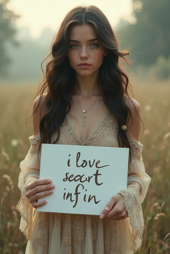 Beautiful girl with wavy long hair, bohemian dress, holding a white board with text "I Love Seaart Infin
