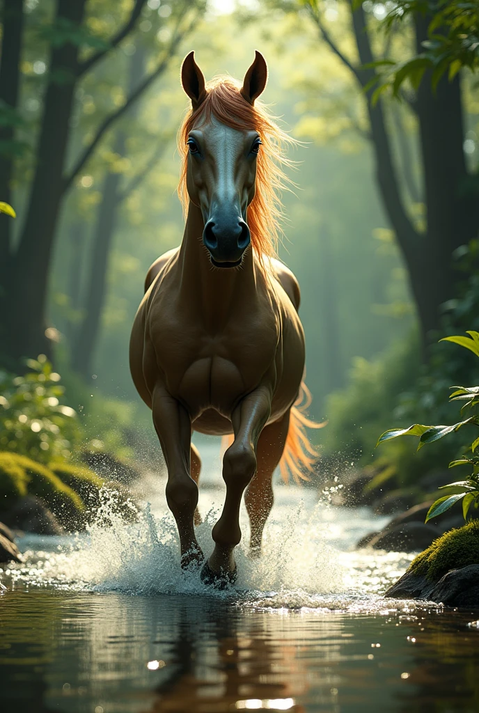 8k, best quality, masterpiece, realistic, ultra detail, photo realistic, hyper realistic, Generate a detailed and realistic image of a centaur approaching towards the viewer as it crosses a small stream in a dense forest. The centaur should have a powerful, majestic appearance with a human female  upper body and a horse's lower body. The setting should be a lush, green forest with trees, foliage, and a clear, gently flowing stream. The centaur's hooves should be splashing in the water as it steps through the stream, with the water reflecting the surrounding forest and sunlight filtering through the canopy above. Ensure that the centaur's expression conveys a sense of focus or determination as it approaches. The overall mood should be one of natural beauty and mythical presence.