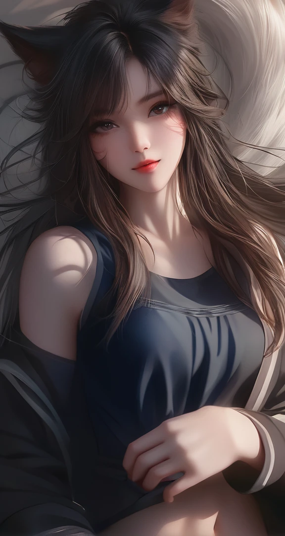 beautiful girl with cat ear hair clip accessory and wearing blue dress posing for a photo, a detailed painting by Lü Ji, cgsociety, digital art, fashion style a realistic beautiful girl at pixiv, realistic anime art style, realistic art style
