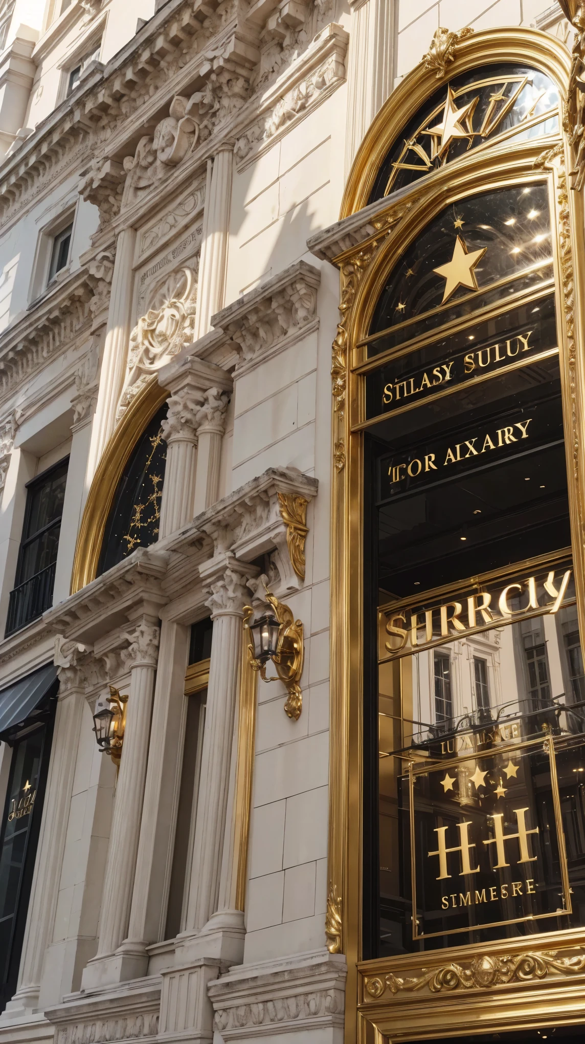 Place a store sign with the name Star Luxurious, real photografic, Star Luxurious, gold colored plate underlined in black around the Logo, Star Luxuriois,