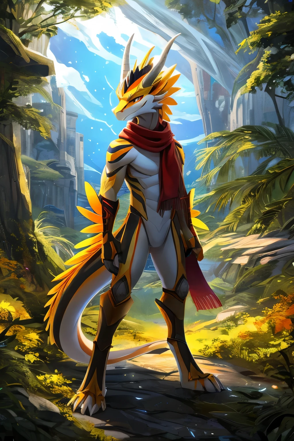 (anime), (front facing), (looking at the camera), slim furry white thunder dragon using thunder magic, yellow secondary body color, (yellow, orange, red and black undertones), smooth skin, very long muzzle, neck and tail fur, digitigrade, creative horns, feathers, (wearing only a scarf), nature background, full body