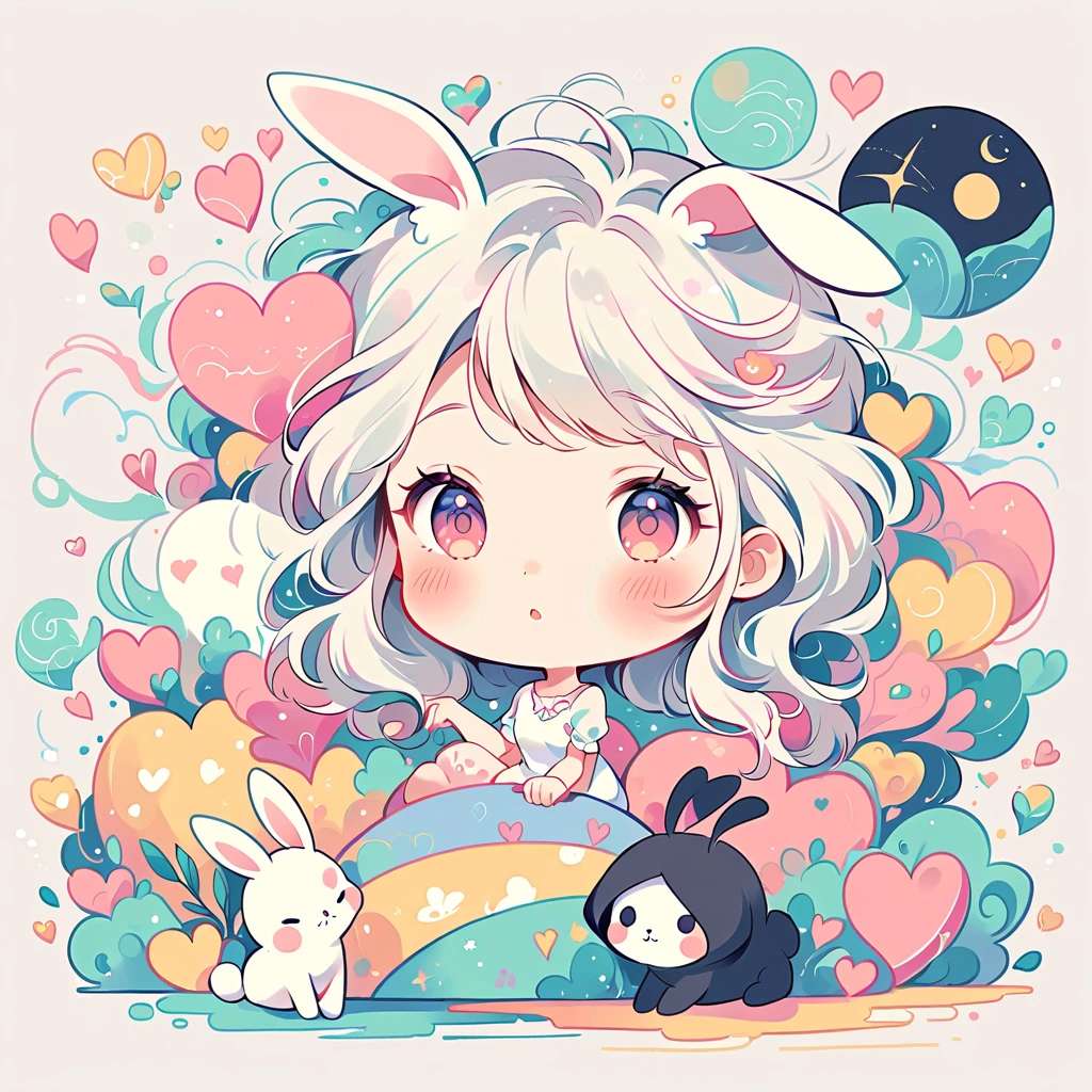 Simple line initials,Abstract art,Urban Background, Colorful Hearts ,(((The most beautiful girl of all time))), Cute Grim Reaper Character、Beautiful illustrations, Highest quality, Cute Grim Reaper、Bedroom, pastel colour, Fluffy bunny ears, , Silver long hair,
