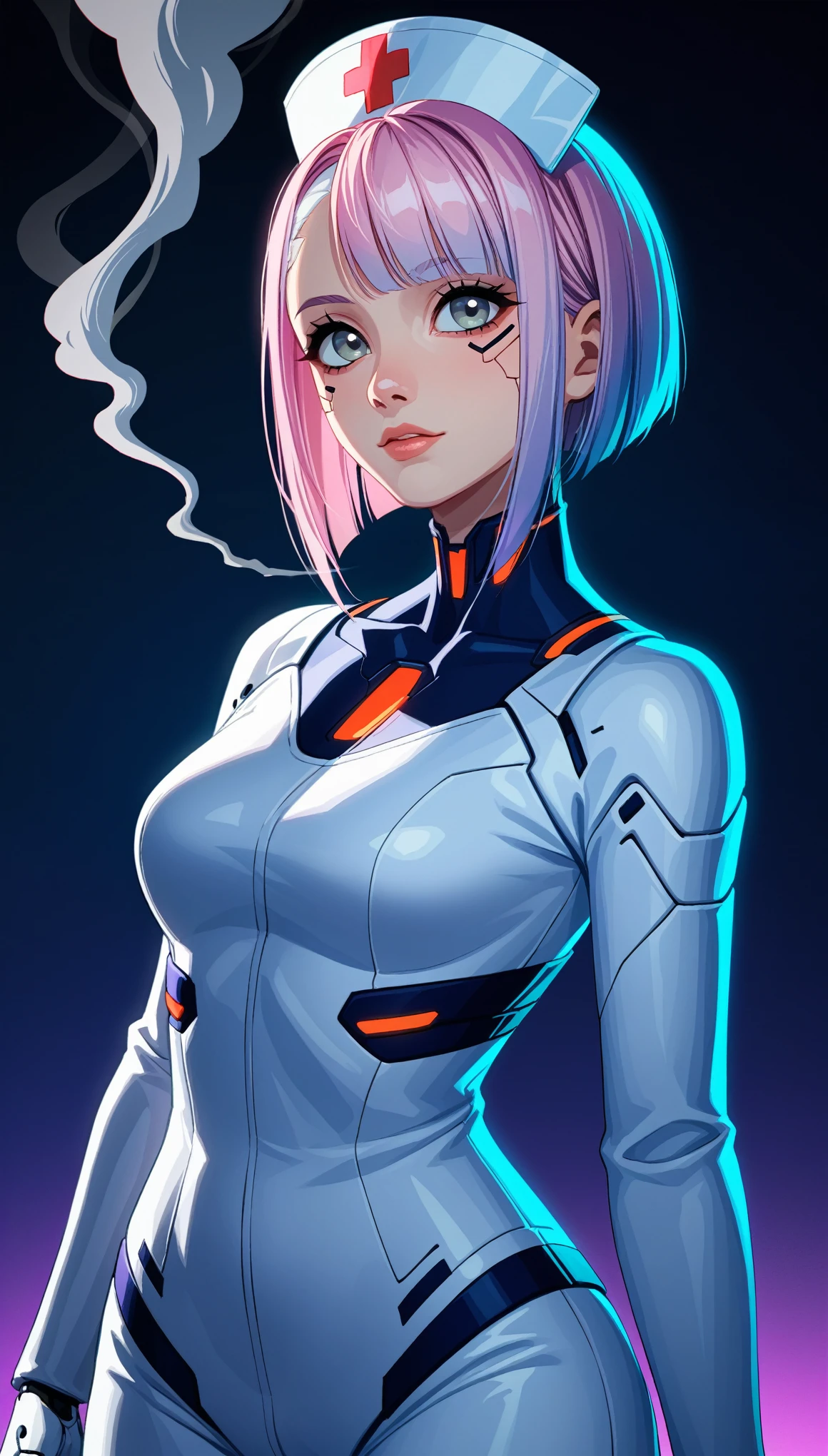score_9, score_6_up, source_anime, [source_anthro], rating_safe, [rating_explicit],

(kpop-idol), (aegyo sal:1), Cute, Professional Lighting, photons mapping, radiosity, physics based rendering , lucy \(The cyberpunk\), bob cuts, mechanical parts, Grey eyes, short soft pink hair, wearing white nurse cap and white Tight Suit with purple blue gradient essence, cyberpunk city, white pants, natta, neon lit, Sexy, smoke, looking up at viewer, realistic, clear background, Medium , Body