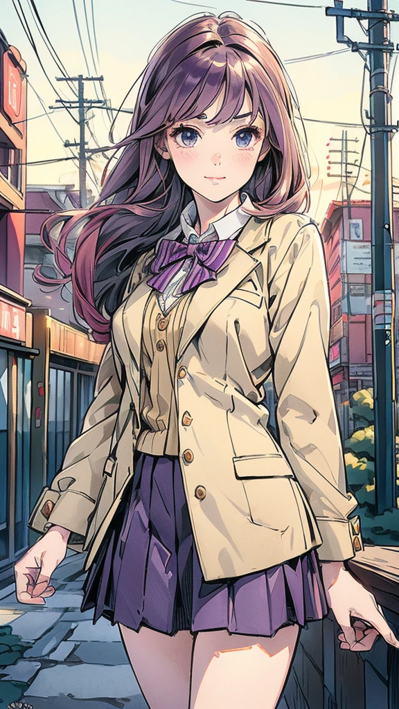 (masterpiece:1.3, Highest quality, Ultra-high resolution, Super detailed), (Realistic, photoRealistic:1.4), Beautiful illustrations, Perfect lighting, Natural light, colorful, Depth of written boundary,
View your viewers, Cowboy Shot, Front view, 1 girl, Japanese, high school girl, Perfect Face, Cute and symmetrical face, Glowing Skin,
(Long Hair:1.2, ((Both sides up:1.2)), Purple Hair), break, Emerald green eyes, (Large Breasts:0.8, Captivating thighs), thin,
Beautiful Hair, Beautiful Face, Beautiful attention to detail, Beautiful clavicle, Beautiful body, Beautiful breasts, Beautiful thighs, Beautiful feet, Beautiful fingers,
((private , Red pleated skirt with gold lines, white blouse shirt, (Beige blazer with purple stripes, Close Blazer), Red bow tie), Red hair ribbon),
(Beautiful views), evening, (Outdoor), Are standing, , (Cute smile, Upward glance, Open your mouth),