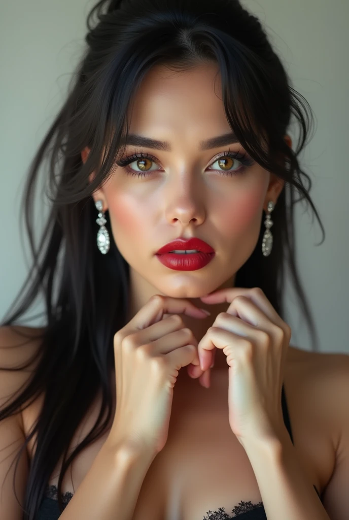 close-up, extreme close-up, close-up portrait, portrait, close-up on her lips, ultra realistic, photography, long black straight hair in a ponytail, elegant perfect hair, (30 years old, hazel eyes, hourglass figure, perfect fit body, natural big breasts), firtatious look, crimson red lipstick, femme fatale, she is a sex icon, she is a sex goddess, long eyelashes, cat-eye make-up, she is completely nude, she is completely naked, focus on her lips, highlight her lips, she has her hands on her neck and her head slightly leans backwards, her eyes focus the camera and her lips are slightly parted, wearing diamond earrings