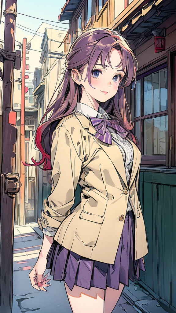(masterpiece:1.3, Highest quality, Ultra-high resolution, Super detailed), (Realistic, photoRealistic:1.4), Beautiful illustrations, Perfect lighting, Natural light, colorful, Depth of written boundary, 
View your viewers, Cowboy Shot, Front view, 1 girl, Japanese, high school girl, Perfect Face, Cute and symmetrical face, Glowing Skin, 
(Long Hair:1.2, ((Both sides up:1.2)), Purple Hair), break, Emerald green eyes, (Large Breasts:0.8, Captivating thighs), thin, 
Beautiful Hair, Beautiful Face, Beautiful attention to detail, Beautiful clavicle, Beautiful body, Beautiful breasts, Beautiful thighs, Beautiful feet, Beautiful fingers, 
((private , Red pleated skirt with gold lines, white blouse shirt, (Beige blazer with purple stripes, Close Blazer), Red bow tie), Red hair ribbon), 
(Beautiful views), evening, (Outdoor), Are standing, , (Cute smile, Upward glance, Open your mouth), 