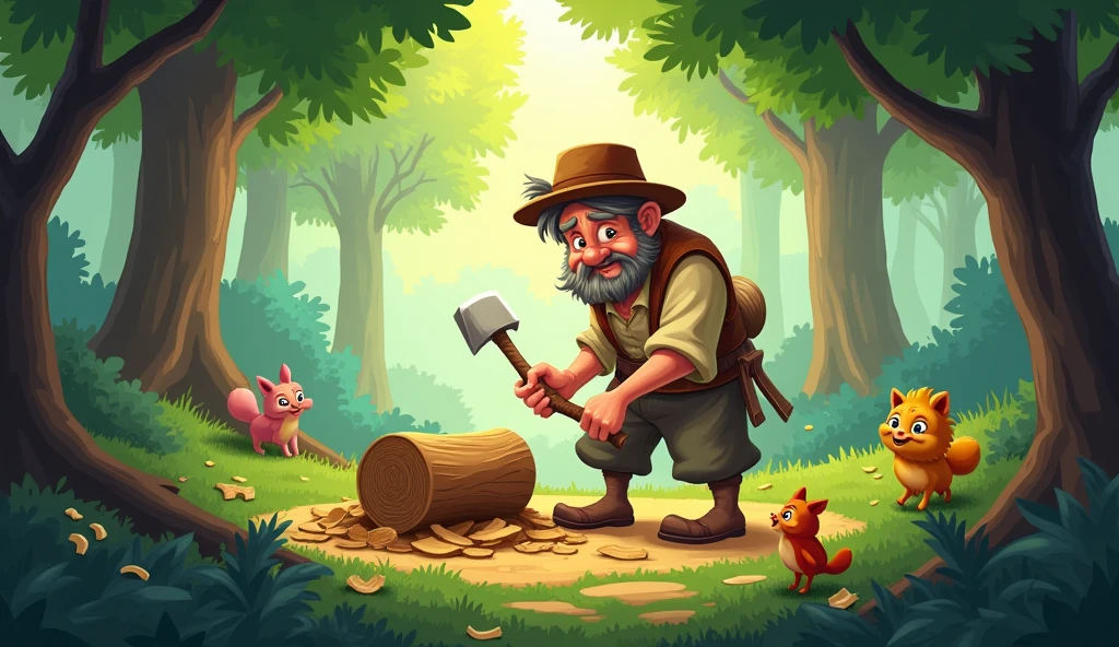 Once upon a time, in a small village, there was a poor but honest woodcutter he cutting wood in forest cartoon