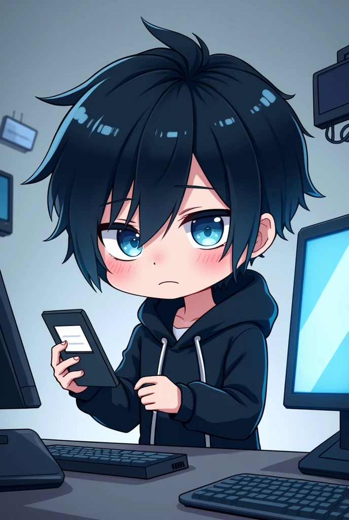 male,Black Hair, Asymmetrical bangs, Parting the bangs,Blue Eyes,Drooping eyes,,Black hoodie,smartphone,computer,Simple background,cool,Illness,Confused eyes,Distributor,Chibi Character