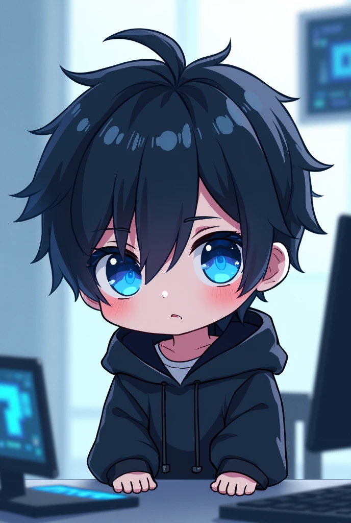 male,Black Hair, Asymmetrical bangs, Parting the bangs,Blue Eyes,Drooping eyes,,Black hoodie,smartphone,computer,Simple background,cool,Illness,Confused eyes,Distributor,Chibi Character