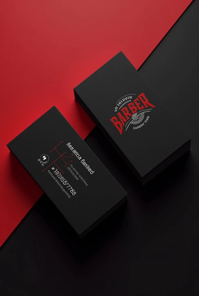 Create a business card for a barbershop, with a red and black background, with the name of the barbershop and the phone number +573015257788