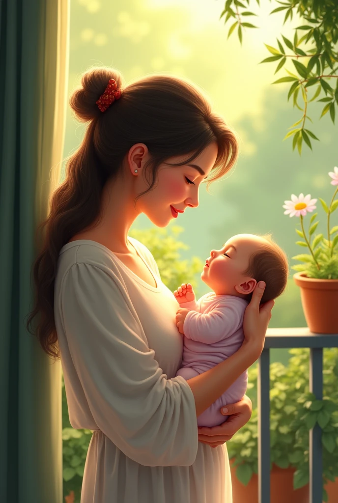 A woman jolding one month baby in her balcony