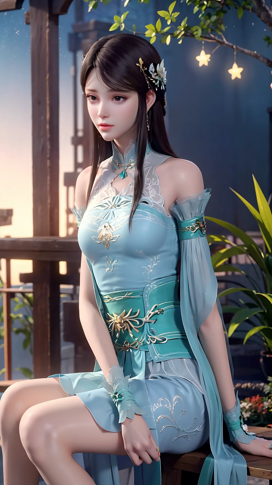 cheongsam,((whole body)), ((Sitting)), ((The hem is long, Sexy long legs)), ((Bare shoulders)),model, Young beautiful girl, Striking an elegant pose, Charming pose, Heat and cold, Beautiful and delicate eyes, Full breasts, slim body, Features, masterpiece, best quality, official art, Rich details, Clear face, Professional lighting, Physically based rendering, Necklace, Light makeup，Starry sky background，Sitting on the stars