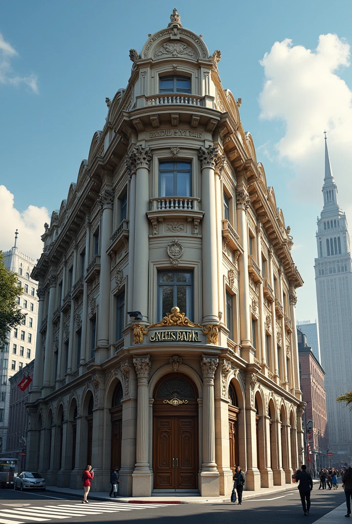 A large, ornate bank building with a grand entrance and a big board displaying bank name
