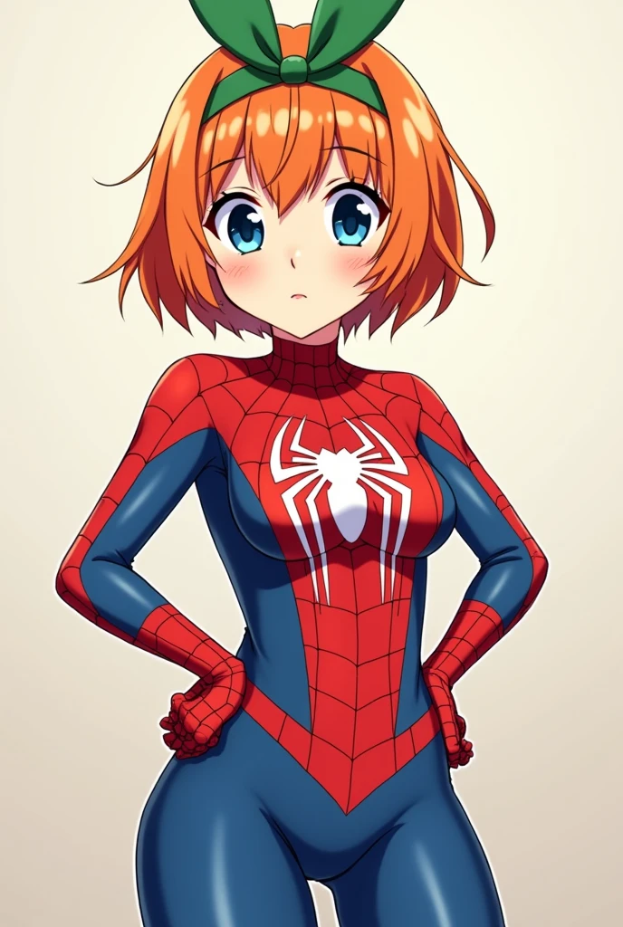 Yotsuba nakano short orange hair, green ribbon on the head in the shape of a rabbit,blue eyes, at  and wearing a spiderman suit with a white spider 