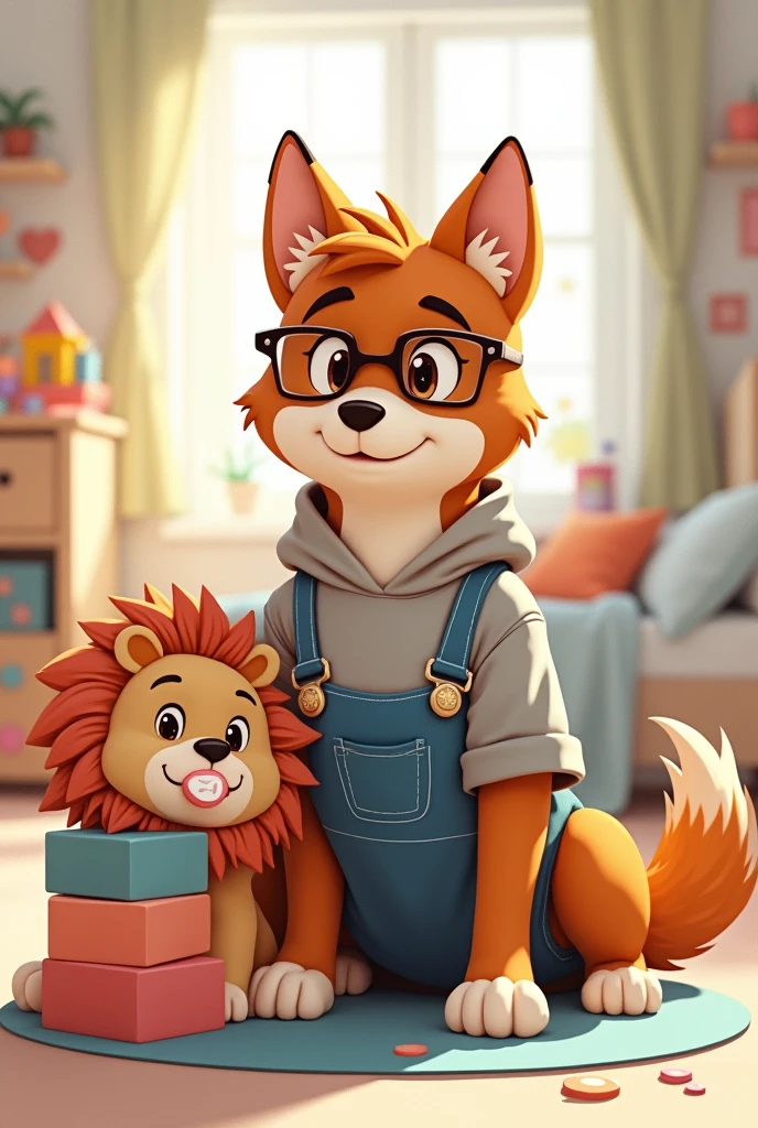 Male canine furry with attractive physique, with glasses and a sweatshirt, posing for a front photo, with 2D drawing style, with pastel colors and overalls over her sweatshirt with a pacifier in her mouth, with a stuffed lion in his hands in a position that shows he is offering it to you, sitting next to a castle made of blocks, with a background of a child&#39;s room full of toys and a bed in the background, on a pastel colored puzzle mat.