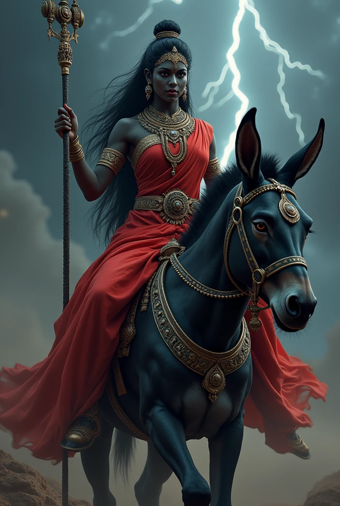 **Prompt:** "Create an ultra-realistic image of the fierce and beautiful Goddess Kalaratri, depicted in a striking red saree with a matching blouse. The saree should be vibrant and richly detailed, contrasting with her dark black complexion, which symbolizes the night and her fearsome power. Her face should be both fierce and captivating, with large, intense eyes that radiate strength and determination. Despite her fearsome appearance, there should be an underlying sense of divine beauty and grace.
Goddess Kalaratri should be depicted with two hands. Her right hand is in a blessing posture, offering protection and fearlessness to her devotees. In her left hand, she holds a majestic, deadly iron hook, symbolizing her power to destroy evil and ignorance.
She should be mounted on an extremely large and powerful donkey, symbolizing her unyielding force and ability to vanquish darkness. The donkey should be depicted with a strong, muscular build, exuding both power and determination, perfectly complementing the goddess's fierce presence.
The background should be a dark, stormy landscape, with flashes of lightning illuminating the scene, reflecting her association with destruction and her role as a protector against evil forces. The overall image should capture the essence of Goddess Kalaratri’s ferocity, strength, and protective nature, presented in a highly realistic and detailed manner, with her red saree and deadly weapon emphasizing her divine power."