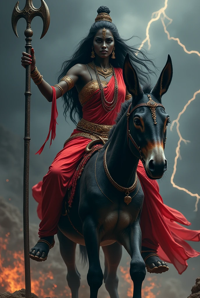 **Prompt:** "Create an ultra-realistic image of the fierce and beautiful Goddess Kalaratri, depicted in a striking red saree with a matching blouse. The saree should be vibrant and richly detailed, contrasting with her dark black complexion, which symbolizes the night and her fearsome power. Her face should be both fierce and captivating, with large, intense eyes that radiate strength and determination. Despite her fearsome appearance, there should be an underlying sense of divine beauty and grace.
Goddess Kalaratri should be depicted with two hands. Her right hand is in a blessing posture, offering protection and fearlessness to her devotees. In her left hand, she holds a majestic, deadly iron hook, symbolizing her power to destroy evil and ignorance.
She should be mounted on an extremely large and powerful donkey, symbolizing her unyielding force and ability to vanquish darkness. The donkey should be depicted with a strong, muscular build, exuding both power and determination, perfectly complementing the goddess's fierce presence.
The background should be a dark, stormy landscape, with flashes of lightning illuminating the scene, reflecting her association with destruction and her role as a protector against evil forces. The overall image should capture the essence of Goddess Kalaratri’s ferocity, strength, and protective nature, presented in a highly realistic and detailed manner, with her red saree and deadly weapon emphasizing her divine power."