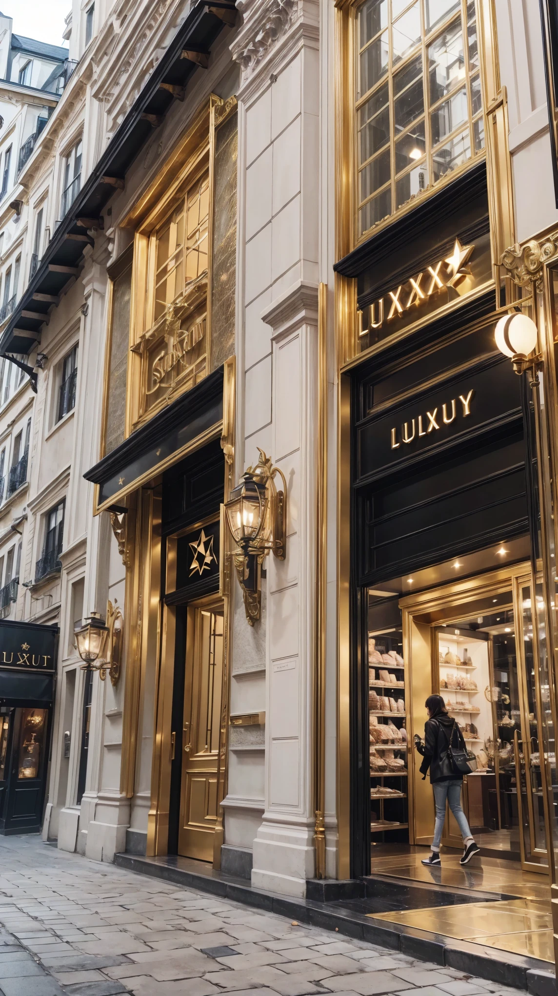 Place a store sign with the name Star Luxurious, real photografic, Star Luxurious, gold colored plate underlined in black around the Logo, Star Luxuriois,
