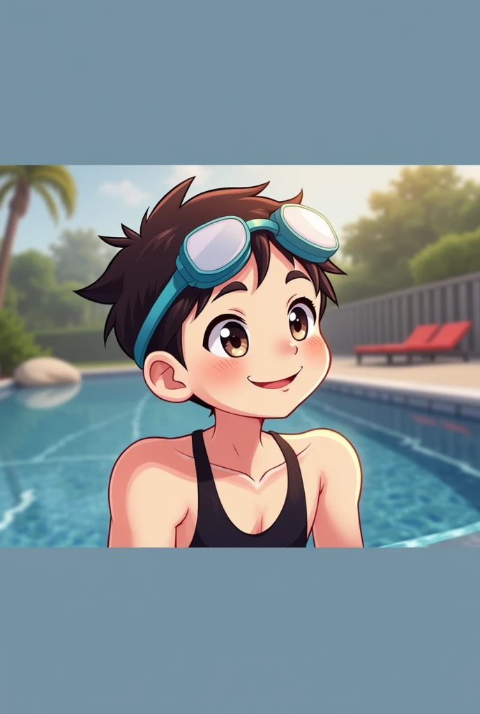 1 boy, cute, cartoon character, closeup, swimming goggles, detailed facial features, expressive eyes, adorable, warm lighting, soft pastel colors, vibrant, (best quality,4k,8k,highres,masterpiece:1.2),ultra-detailed,(realistic,photorealistic,photo-realistic:1.37)