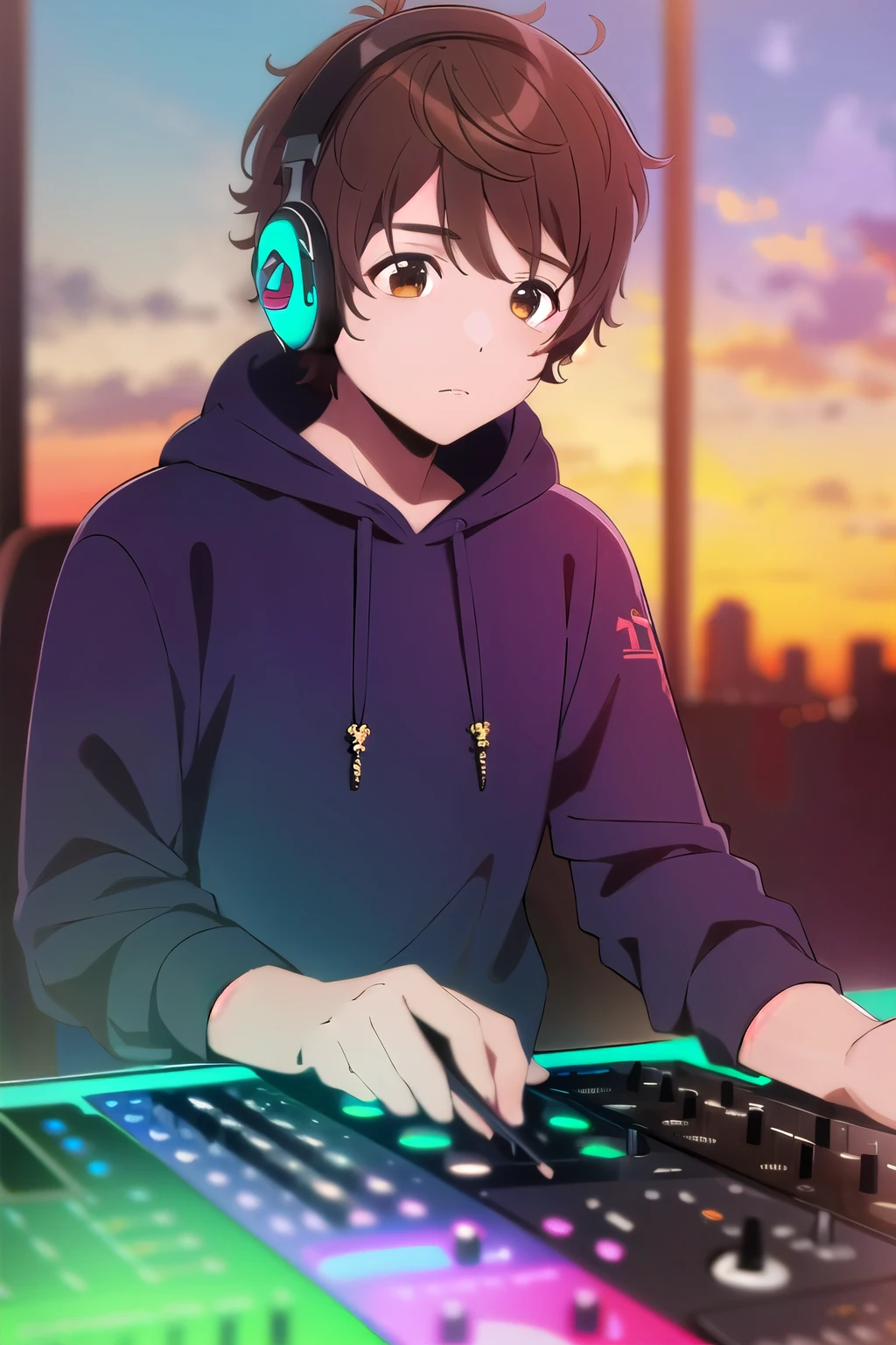 photorealistic, (4k), depth of field, (Masterpiece), (realistic skin texture), extremely detailed, intricate, hyper detailed, high resolution, professional photography, , depth of field, sharp detail, best quality, , 1boy, solo, male focus, shun_tokinoya, brown hair, brown eyes, , bangs, , , The City of Glas, HD, Fiesta de Electronica, Dj, Con Auriculares, sudadera roja.