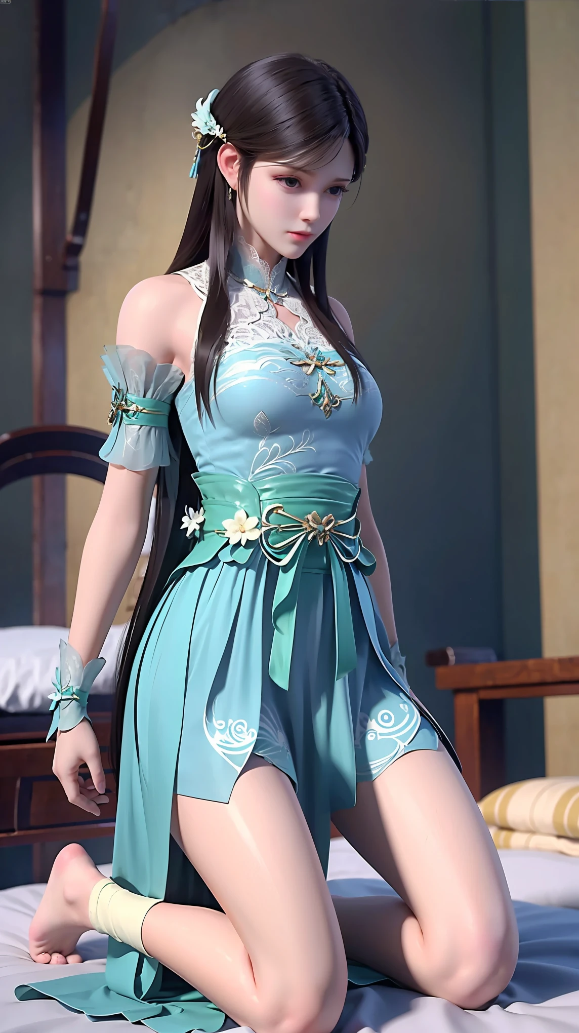 Genshin character Ganyu,wearing cheongsam,sat on the ground,spread their legs