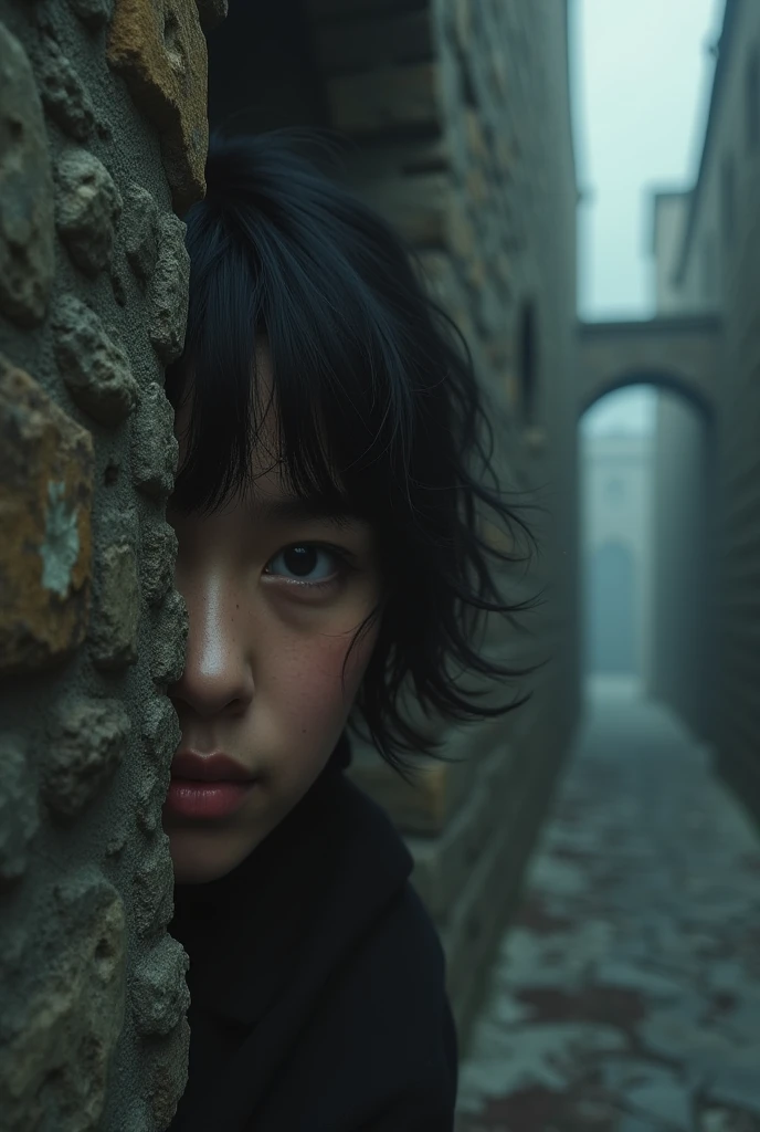 A person peeking from behind a wall