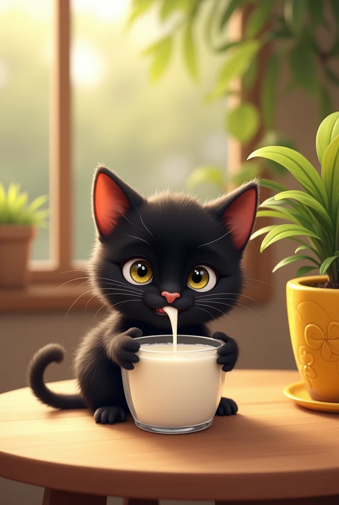 Black cute fur cat drinking milk on the table  beside yellow flower pot
