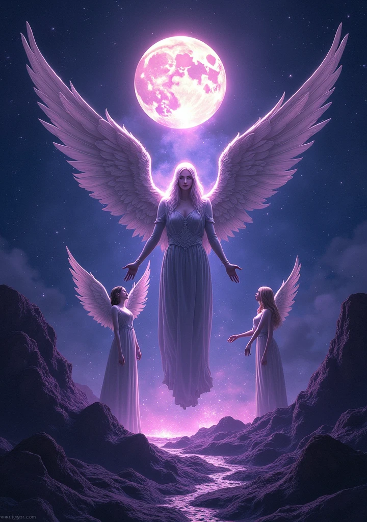There is no text on the image、The world of tarot cards、Starry purple night sky、The moon shining in the upper center、Archangel and two little angels、