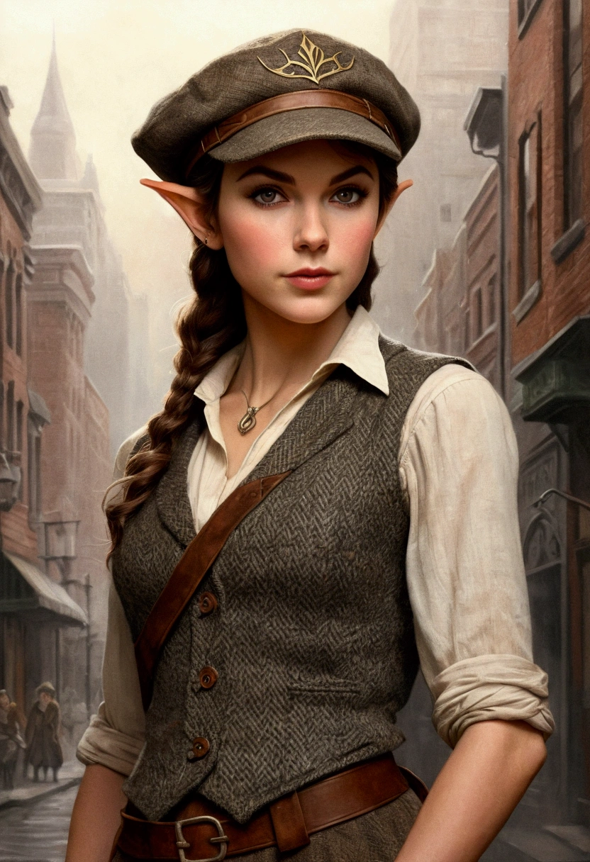 An illustrated movie poster, hand-drawn, full color, an elven maiden, wearing a tweed vest and a newsie cap, tall, toned, amazonian stature, athletic hourglass figure, busty bosom, long pointy elf ears, amber eyes, dark hair, warm almond skintone, freckles, resembles Taylorr Swift, standing on a foggy Victorian-era street corner, graphite shading, stencil marks, airbrushed acrylic paint, masterpiece, elf ears