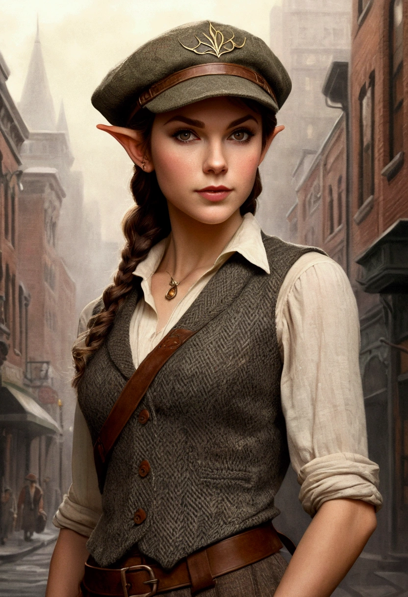 An illustrated movie poster, hand-drawn, full color, an elven maiden, wearing a tweed vest and a newsie cap, tall, toned, amazonian stature, athletic hourglass figure, busty bosom, long pointy elf ears, amber eyes, dark hair, warm almond skintone, freckles, resembles Taylorr Swift, standing on a foggy Victorian-era street corner, graphite shading, stencil marks, airbrushed acrylic paint, masterpiece, elf ears