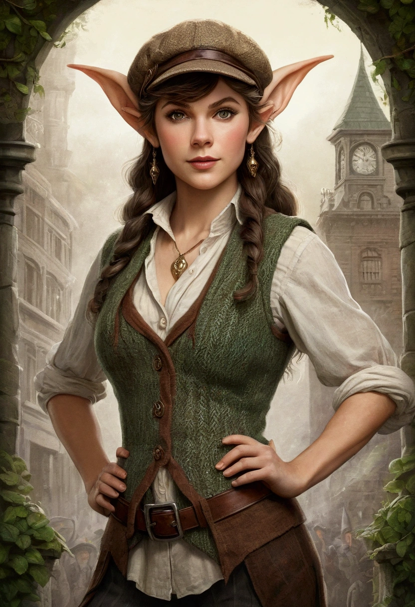 An illustrated movie poster, hand-drawn, full color, an elven maiden, wearing a tweed vest and a newsie cap, tall, toned, amazonian stature, athletic hourglass figure, busty bosom, long pointy elf ears, amber eyes, dark hair, warm almond skintone, freckles, resembles Taylorr Swift, standing on a foggy Victorian-era street corner, graphite shading, stencil marks, airbrushed acrylic paint, masterpiece, elf ears