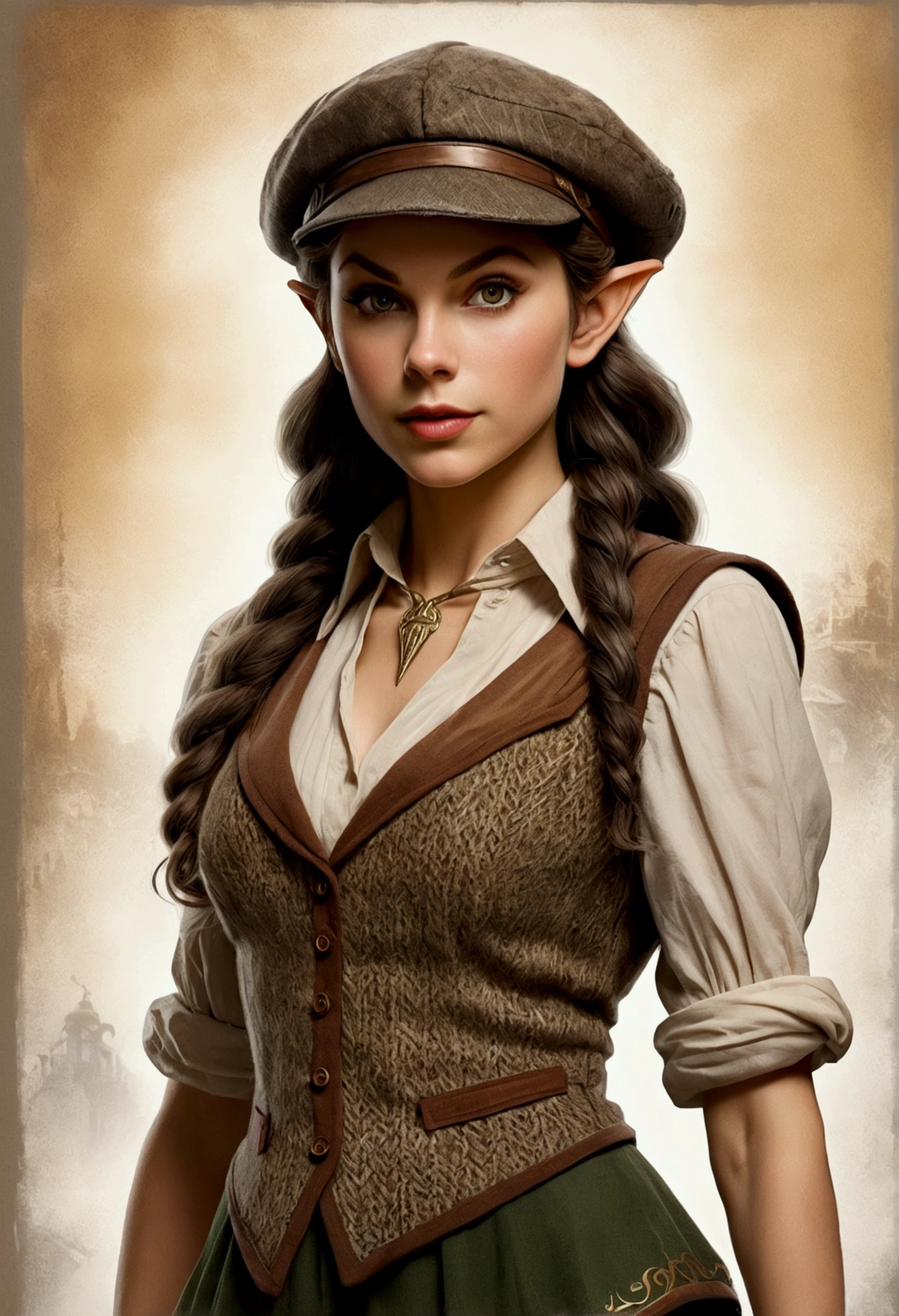 An illustrated movie poster, hand-drawn, full color, an elven maiden, wearing a tweed vest and a newsie cap, tall, toned, amazonian stature, athletic hourglass figure, busty bosom, long pointy elf ears, amber eyes, dark hair, warm almond skintone, freckles, resembles Taylorr Swift, standing on a foggy Victorian-era street corner, graphite shading, stencil marks, airbrushed acrylic paint, masterpiece, elf ears