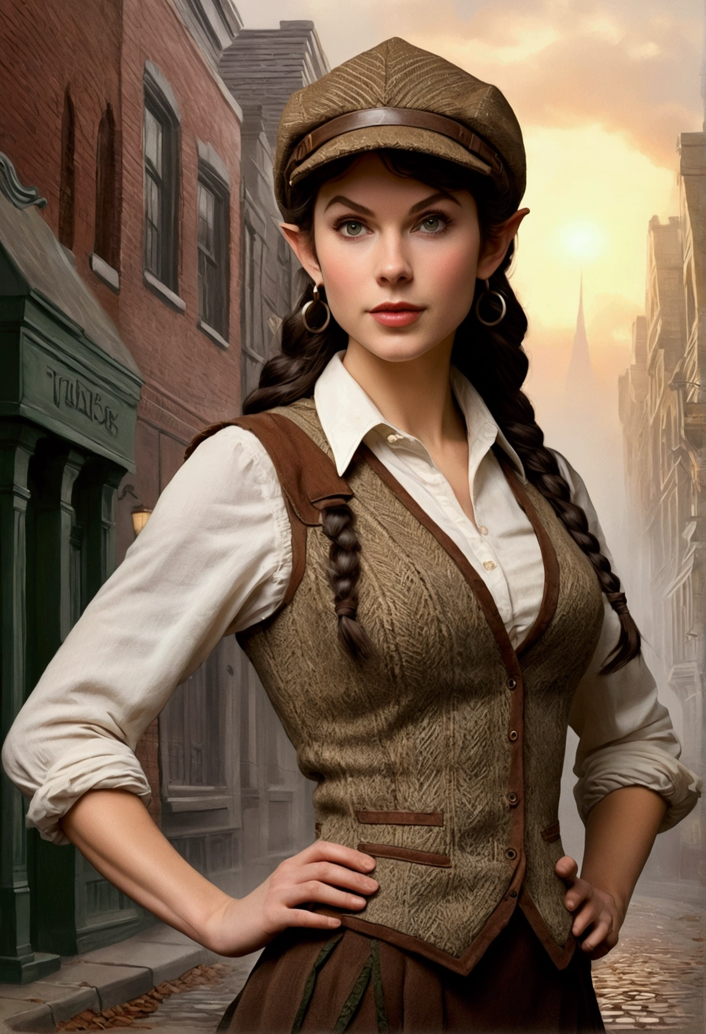 An illustrated movie poster, hand-drawn, full color, an elven maiden, wearing a tweed vest and a newsie cap, tall, toned, amazonian stature, athletic hourglass figure, busty bosom, long pointy elf ears, amber eyes, dark hair, warm almond skintone, freckles, resembles Taylorr Swift, standing on a foggy Victorian-era street corner, graphite shading, stencil marks, airbrushed acrylic paint, masterpiece, elf ears