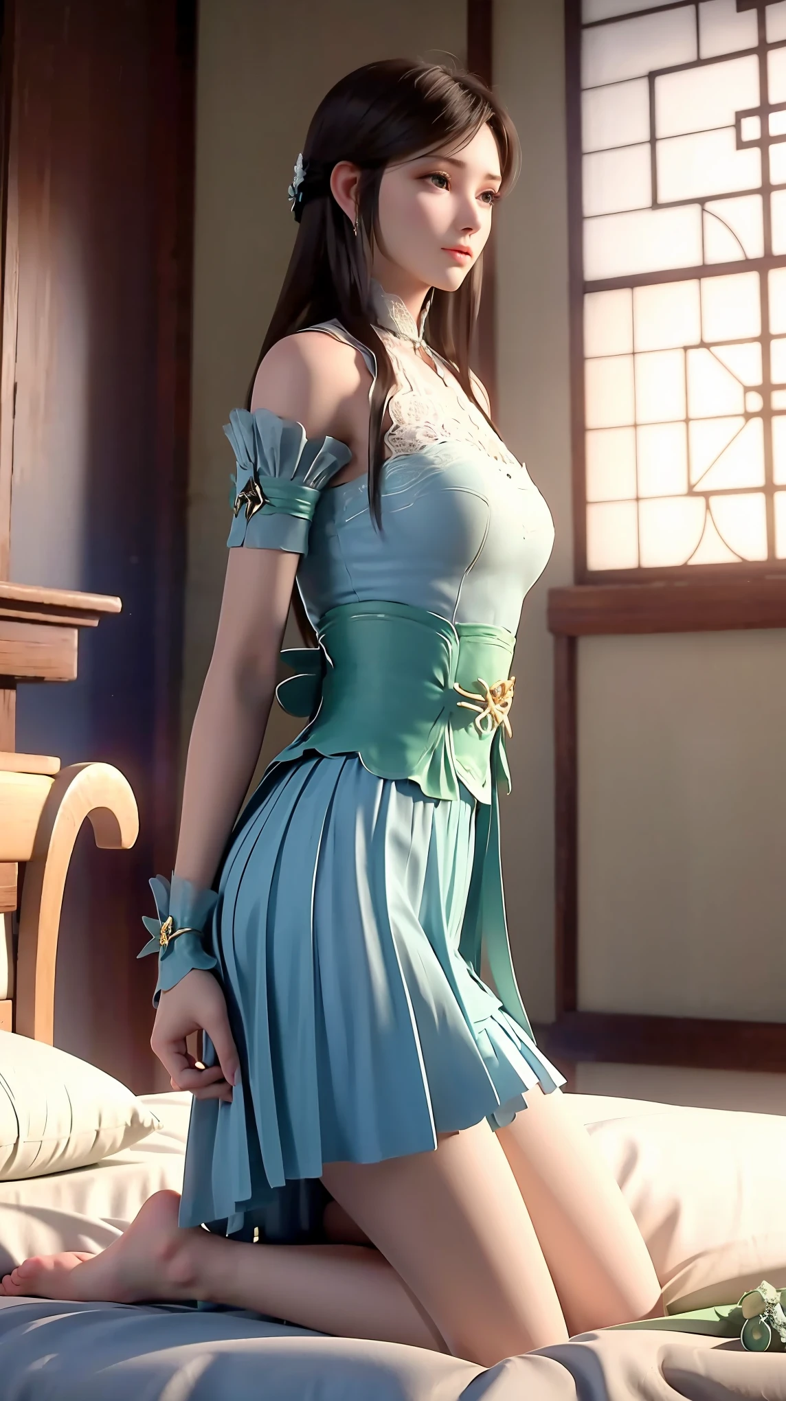 best quality，masterpiece，The Ultimate Solution，Fluffy，Extremely colorful，Mature beautiful woman，（Dress school uniform），Lace skirt，（Beautiful woman beheaded），Normal posture，（Kneeling），Kneeling on the bed，shackles，Beheading，collar，barefoot，Normal posture