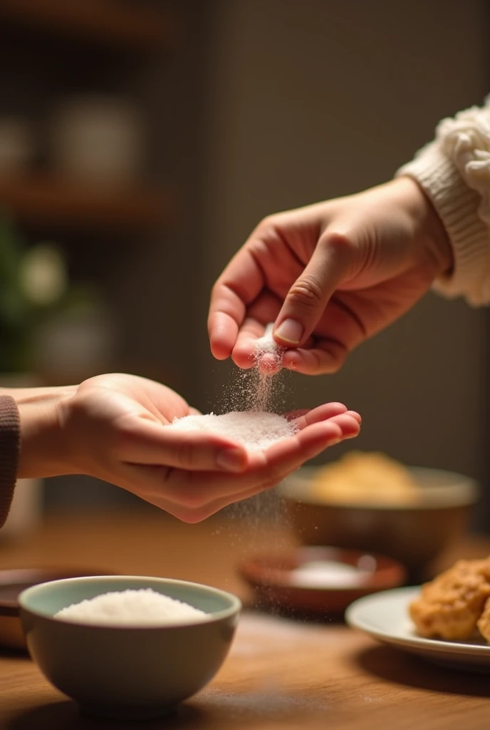 Two people are giving sugar by hand.
