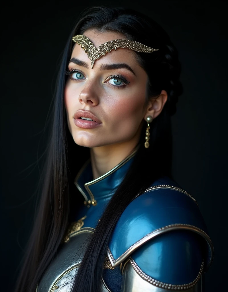 GORGEOUS VALKYRIE , WARRIOR WOMAN, BUST IMAGE STYLE, STUDIO IMAGE STYLE, BLACK INFINITE BACKGROUND, DIFFUSED LIGHTS ON FACE, BACK LIGHTS ON HAIR, VERY BLACK HAIR, CLOSE FACE SHOT, HUGE LONG HAIR, HUGE STRAIGHT LONG HAIR, BRAID HAIR STYLE, PLATINUM EYEBROWS, VERY PALE SKIN, LUMINOUS SKIN, TURCOISE BLUE EYES, LUMINOUS EYES, TOLKIEN MITHOLOGY, EXPOSED LONG TIP EARS, HIGH CHEEKBONES, ROSY CHEEKS, GORGEOUS LIPS, SOFT LIPSTICK, GORGEOUS CURVY BODY, SOFT MUSCLES, VOLUMOUS BREASTS, BLUE ARMOUR, SILVER DETAILS, FULL BODY ARMOUR, FLAT BOOTS, NECK CLEAVAGE, LONG BRACELETS, GOLD DETAILS, GOLDEN HEADBAND , ENIGMATIC FACE EXPRESSION, SIDE FACE VIEW, EYES LOOKING UP, TOLKIEN MITHOLOGY, HIGH QUALITY IMAGE, MASTERPIECE, 8K