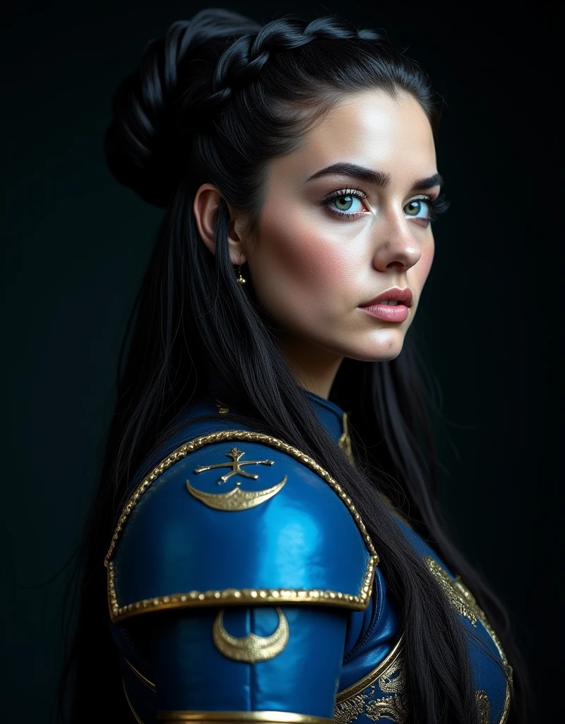 GORGEOUS VALKYRIE , WARRIOR WOMAN, BUST IMAGE STYLE, STUDIO IMAGE STYLE, BLACK INFINITE BACKGROUND, DIFFUSED LIGHTS ON FACE, BACK LIGHTS ON HAIR, VERY BLACK HAIR, CLOSE FACE SHOT, HUGE LONG HAIR, HUGE STRAIGHT LONG HAIR, BRAID HAIR STYLE, PLATINUM EYEBROWS, VERY PALE SKIN, LUMINOUS SKIN, TURCOISE BLUE EYES, LUMINOUS EYES, TOLKIEN MITHOLOGY, EXPOSED LONG TIP EARS, HIGH CHEEKBONES, ROSY CHEEKS, GORGEOUS LIPS, SOFT LIPSTICK, GORGEOUS CURVY BODY, SOFT MUSCLES, VOLUMOUS BREASTS, BLUE ARMOUR, SILVER DETAILS, FULL BODY ARMOUR, FLAT BOOTS, NECK CLEAVAGE, LONG BRACELETS, GOLD DETAILS, GOLDEN HEADBAND , ENIGMATIC FACE EXPRESSION, SIDE FACE VIEW, EYES LOOKING UP, TOLKIEN MITHOLOGY, HIGH QUALITY IMAGE, MASTERPIECE, 8K