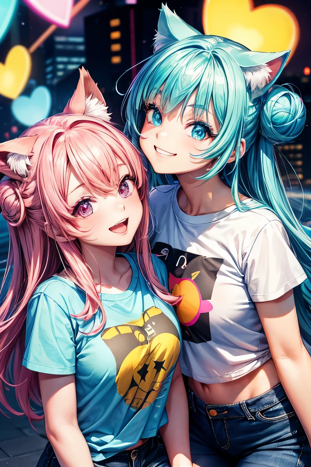 Best Quality, 2girls.High Resolution, Perfect Human Structure, Focus on Background, Neon Color, looking up at viewer, iridescent hair, bun head, shiny hair, cat ears, smiling heart shaped eyes, side bangs, shiny hair, upper teeth, winking, gradient eyes, t-shirt, t-shirt jeans, city, one eye closed