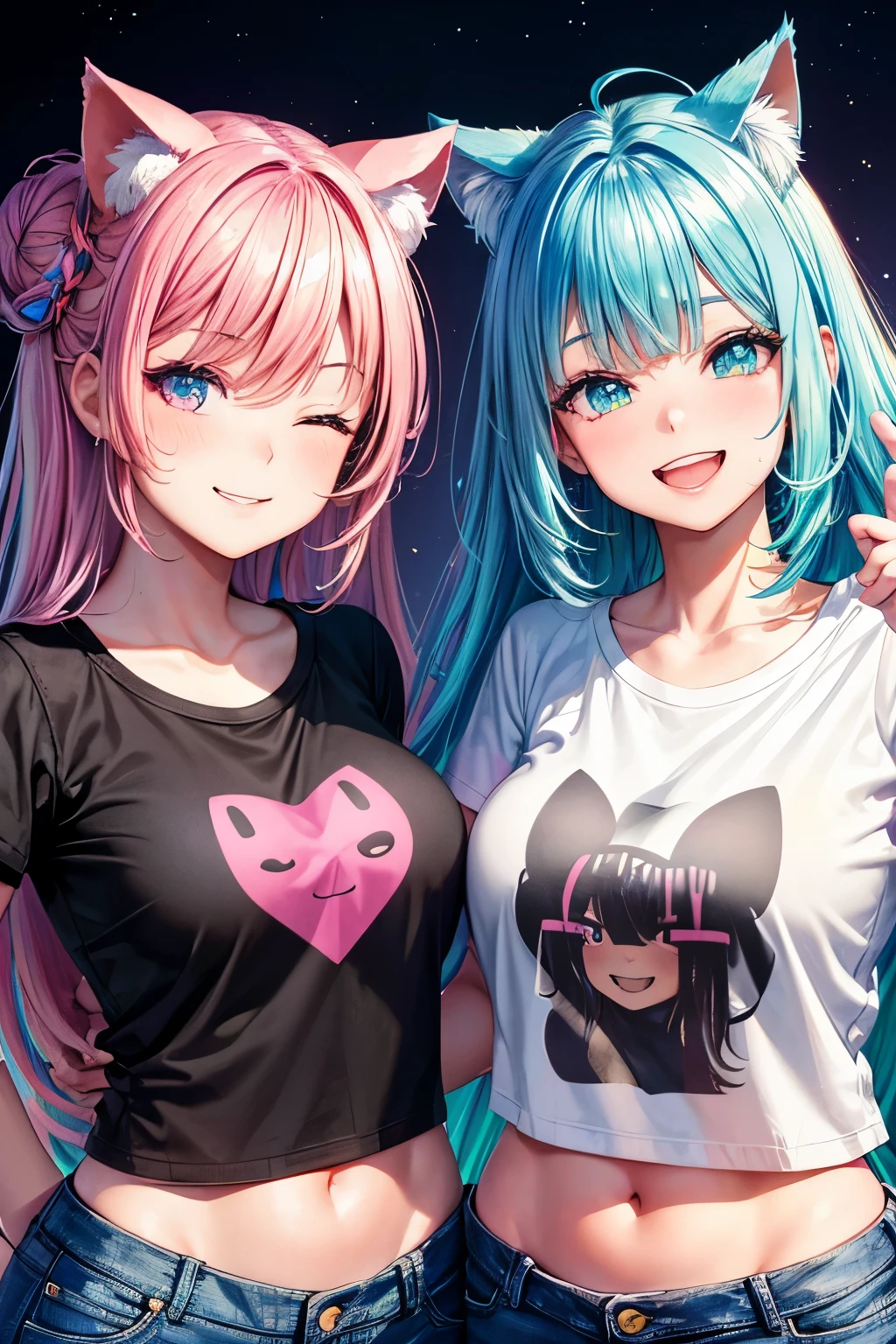 Best Quality, 2girls.High Resolution, Perfect Human Structure, Focus on Background, Neon Color, looking up at viewer, iridescent hair, bun head, shiny hair, cat ears, smiling heart shaped eyes, side bangs, shiny hair, upper teeth, winking, gradient eyes, t-shirt, t-shirt jeans, city, one eye closed