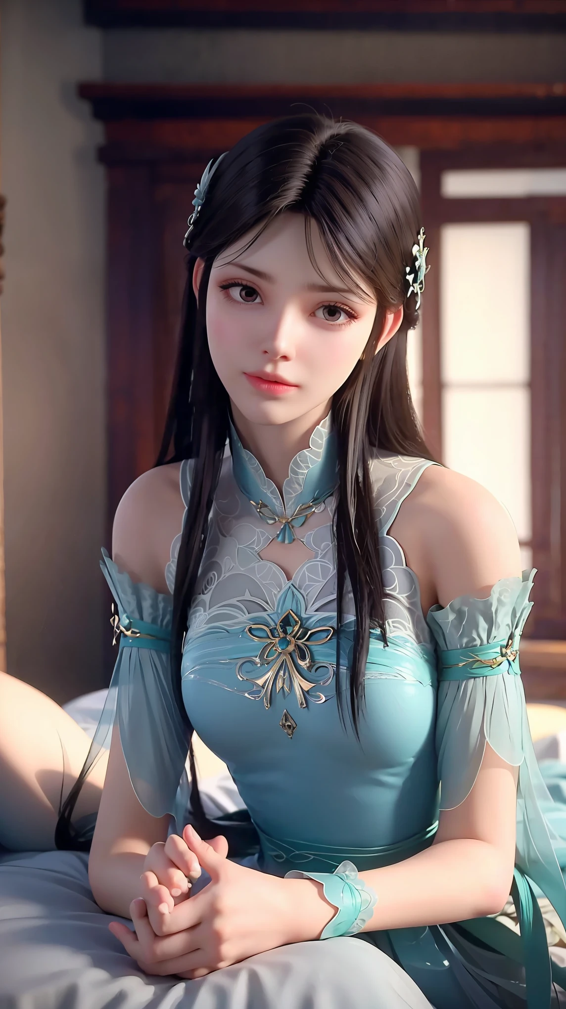 A beautiful young woman,Wearing pajamas,Lying on the bed,barefoot,Wearing a dress,Lie flat on your bed,Cross-legged,Full body shot,(Best picture quality,4K,8k,high-definition,excellent work:1.2),Ultra Detail,Delicate eyes,Delicate lips,Extremely detailed face and eyes,Long eyelashes,Natural light,Warm colors,Soft Focus,Chiaroscuro,Deep scene