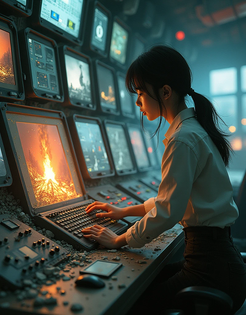 masterpiece, ultra-detailed, ultra-realistic, photorealistic, dramatic scenes, very beautiful Japanese girl, engineer of nuclear power plant, She is frantically working the control panel to prevent the damaged reactor from massive thermal exploding, at a Control room damaged by a major earthquake, broken meter panel, A wrecked and burning nuclear reactor is shown on the monitors