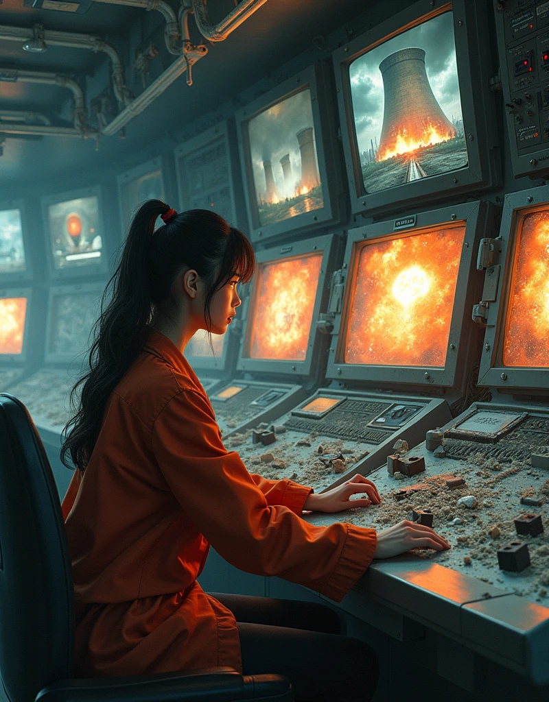 masterpiece, ultra-detailed, ultra-realistic, photorealistic, dramatic scenes, very beautiful Japanese girl, engineer of nuclear power plant, She is frantically working the control panel to prevent the damaged reactor from massive thermal exploding, at a Control room damaged by a major earthquake, broken meter panel, A wrecked and burning nuclear reactor is shown on the monitors